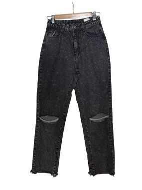 Shein Black Denim Torn Knee High Waist Mom Jeans Size 25 Grunge Casual Distress